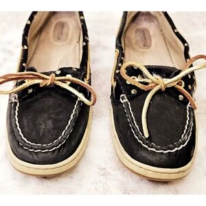 Sperry Women's 11M Black Loafer Driving Moccasin‎ Leather/Fabric Upper Gold Dot